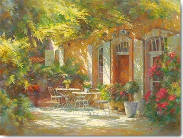 Johan Messely, Le vieux relais de poste (Wunschgröße, Malerei, Nostalgie, Garten,  Natur, Mediterran, Terrasse, Haus, Pflanzen,  Entspannung, Ruhe, Schatten,  Idylle, Sonnenlicht, Wohnzimmer, Wintergarten, bunt)