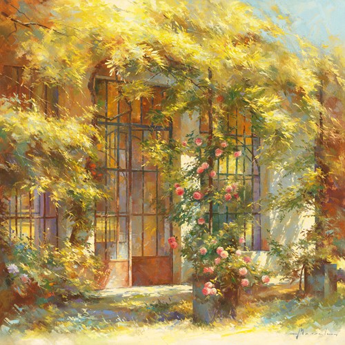 Johan Messely, Lorangerie (Wunschgröße, Malerei, Nostalgie, Garten,  Mediterran, Tor, Fenster, Haus, Pflanzen, Entspannung, Ruhe, Schatten,  Idylle, Sonnenlicht, Wohnzimmer, Wintergarten, bunt)