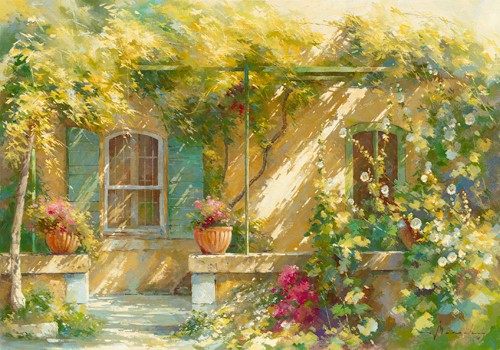 Johan Messely, Mas Lou Figoulon (Wunschgröße, Malerei, Nostalgie, Garten, Natur, Mediterran, Sommer, Haus,  Pflanzen, Pergola, Blumen, Entspannung, Ruhe, Schatten, Mittagshitze, Idylle, Sonnenlicht, Wohnzimmer, Wintergarten, bunt)