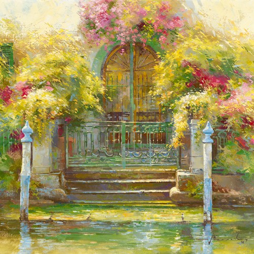 Johan Messely, Nostalgie  Iseo (Wunschgröße, Malerei, Nostalgie, Italien, Garten, Natur, Mediterran, Sommer, Haus, Tor, Schmiedeeisen, See, Pflanzen, Blumen, Entspannung, Ruhe, Schatten, Bootsanleger, Idylle, Sonnenlicht, Wohnzimmer, Wintergarten, bunt)