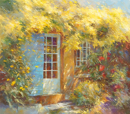 Johan Messely, Petit paradis (Wunschgröße, Malerei, Nostalgie, Garten,  Mediterran, Haus, Pflanzen, Entspannung, Ruhe, Schatten, Idylle, Sonnenlicht, Wohnzimmer, Wintergarten, bunt)