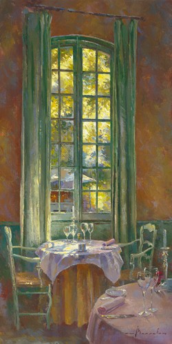 Johan Messely, Rendez-vous secret (Wunschgröße, Malerei, Nostalgie, Restaurant, Interieur, Tische, Tischdecken, Eleganz, Nobel, Edel, Wohnzimmer, Wintergarten, Gastronomie, bunt)