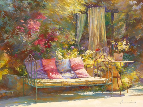 Johan Messely, Repos au regalido (Malerei, Nostalgie, Garten,  Natur, Mediterran, Terrasse, Haus, Pflanzen, Bank, Liege, Kissen, Entspannung, Ruhe, Schatten, Idylle, Sonnenlicht, Wohnzimmer, Wintergarten, bunt)