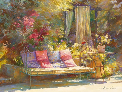 Johan Messely, Repos au regalido (Malerei, Nostalgie, Garten,  Natur, Mediterran, Terrasse, Haus, Pflanzen, Bank, Liege, Kissen, Entspannung, Ruhe, Schatten, Idylle, Sonnenlicht, Wohnzimmer, Wintergarten, bunt)