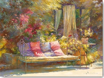 Johan Messely, Repos au regalido (Wunschgröße, Malerei, Nostalgie, Garten,  Natur, Mediterran, Terrasse, Haus, Pflanzen, Bank, Liege, Kissen, Entspannung, Ruhe, Schatten, Idylle, Sonnenlicht, Wohnzimmer, Wintergarten, bunt)