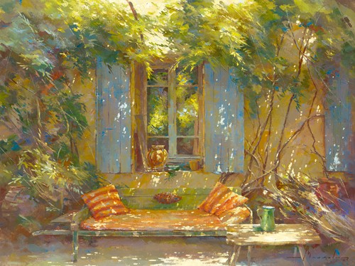 Johan Messely, Sieste au sabot rouge (Wunschgröße, Malerei, Nostalgie, Garten,  Natur, Mediterran, Sommer, Haus, Bank,  Pflanzen, Blumen, Entspannung, Ruhe, Schatten, Mittagshitze, Idylle, Sonnenlicht, Wohnzimmer, Wintergarten, bunt)