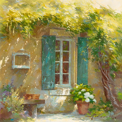 Johan Messely, Sous la tonnelle (Wunschgröße, Malerei, Nostalgie, Garten, Natur, Mediterran, Sommer, Haus,  Pflanzen, Pergola, Blumen, Entspannung, Ruhe, Schatten, Mittagshitze, Idylle, Sonnenlicht, Wohnzimmer, Wintergarten, bunt)