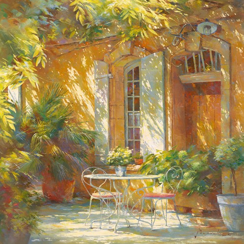 Johan Messely, Sous la treille (Malerei, Nostalgie, Garten,  Natur, Mediterran, Terrasse, Haus, Pflanzen,  Entspannung, Ruhe, Schatten, Idylle, Sonnenlicht, Wohnzimmer, Wintergarten, bunt)