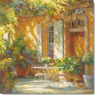 Johan Messely, Sous la treille (Wunschgröße, Malerei, Nostalgie, Garten,  Natur, Mediterran, Terrasse, Haus, Pflanzen,  Entspannung, Ruhe, Schatten,  Idylle, Sonnenlicht, Wohnzimmer, Wintergarten, bunt)