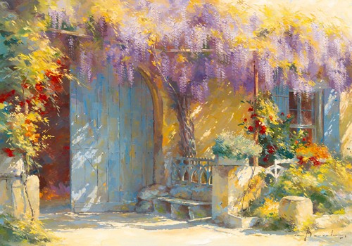 Johan Messely, Un nouveau printemps (Malerei, Nostalgie, Garten,  Natur, Mediterran, Frühling, Haus, Tor, Pflanzen, Blumen, Entspannung, Ruhe, Schatten, Mittagshitze, Idylle, Sonnenlicht, Wohnzimmer, Wintergarten, bunt)