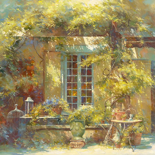 Johan Messely, Une journe d'eté (Wunschgröße, Malerei, Nostalgie, Garten,  Natur, Mediterran, Terrasse, Haus, Pflanzen, Terrakottatöpfe, Sommer, Entspannung, Ruhe, Schatten,  Idylle, Sonnenlicht, Wohnzimmer, Wintergarten, bunt)