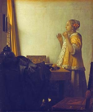 Johannes Vermeer, Junge Dame mit Perlenhalsband (Wunschgröße, Malerei, Klassiker, Interieur, Frau am Fenster, Perlenkette, Genremalerei, Barock, Niederlande, goldenes Zeitalter, Wohnzimmer, bunt)