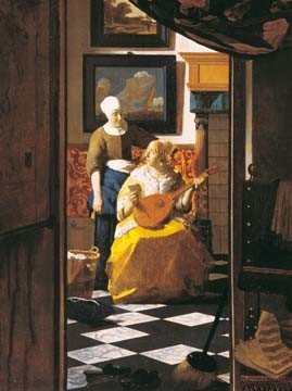 Johannes Vermeer, Der Liebesbrief (Wunschgröße, Malerei, Klassiker, Interieur, Lautenspielerin, Liebesbrief,  Genremalerei, Barock, Niederlande, goldenes Zeitalter, Wohnzimmer, bunt)