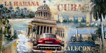 John Clarke, La Habana, Cuba (Modern, Malerei, Collage, Dekorativ, Kuba, Havanna,Städte, Architektur, Kapitol, Oldtimer, Straßenkreuzer, Meeresbucht, Wohnzimmer, Büro, Business, schwarz / weiß)