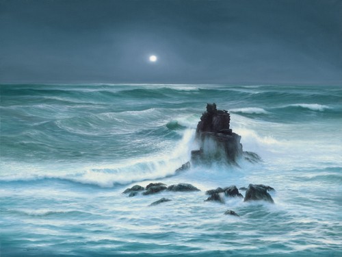 John F Sim, Amoured Knight Rock Lands End Cornwall (Meeresbrise, Wellen, Meer, Felsen, Klippen, Burg, mystrisch, Vollmond, rauhe See, Gischt, schäumen, Naturgewalten, Malerei, Wohnzimmer, Wunschgröße blau/bunt)