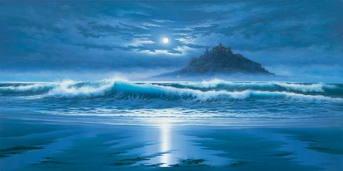 John F Sim, Moonlit St Michaels Mount (Kirche, Hügel, mystisch, nachts, Meeresbrise, Wellen, Meer, Flut, Frankreich, Normandie, Gischt, schäumen, Naturgewalten, Malerei, Wohnzimmer, Wunschgröße blau/bunt)