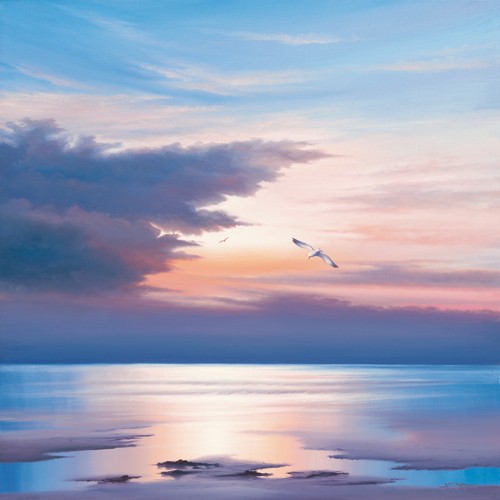 John F Sim, Sunset Flight (Meer, Sonnenuntergang, Horizont, Wolken, Möwe, Meeresbrise, Wunschgröße, Treppenhaus, Arztpraxis)