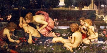 John William Waterhouse, Erweckung des Adonis (Wunschgröße, Malerei, Mythologie, Erweckung, Gott der Schönheit, Gott der Vegetation, Jüngling, nackt, Aphrodite, Fantasie, Märchen, Schönheit, Symbolismus, Klassiker, Präraffaeliten, Schlafzimmer, bunt)