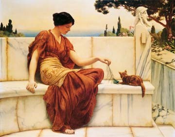 John William Godward, The Favourite (Neoklassizismus, viktorianisch, Eros&People, Frau, Meer, Mauer, Mamor, Katze)