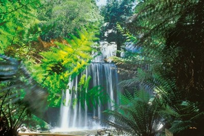 John Xiong, Russel Falls II (Photokunst, Wunschgröße, Australien, Tasmanien, Landschaften, Felsen, Bäume, Wasserfall, Kaskaden,   Wohnzimmer, Treppenhaus, bunt)
