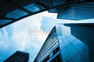 Leinwandbild Jörg Engel, financial district (Architektur, Frankfurt, Hochhaus, Glasfassade, Wolkenkratzer, Untersicht, Perspektive, modern, futuristisch, Fotokunst, Wohnzimmer, Büro, Business, Wunschgröße, grau/blau)