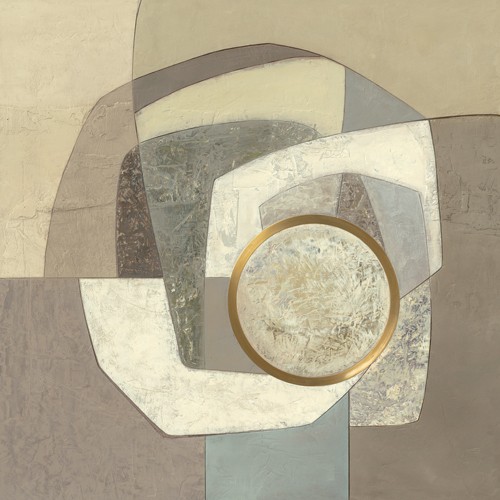 Jodi Jones, Interwoven (Abstrakt, Abstrakte Malerei, amorphe Formen, Zentrum, Kreisel, Spirale, Wohnzimmer, Business, Büro, Wunschgröße, gold/beige)