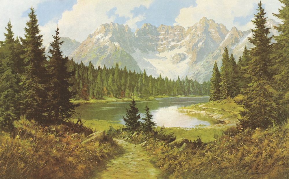 Joh. Bochmann, MISURINA LAKE (Landschaft, Landschaftsmalerei, Berge, Gebirge, Bergsee, Nostalgie, Idylle, Bäume, Wald, Waldesruh, Wohnzimmer, Malerei, bunt)