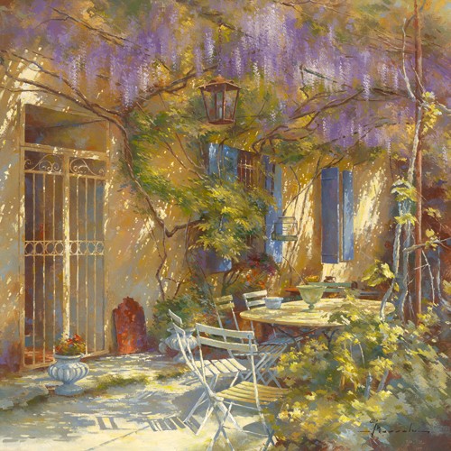 Johan Messely, A la table de Michle (Malerei, Nostalgie, Garten,  Natur, Mediterran, Terrasse, Tisch, Haus, Pflanzen, Pergola, Entspannung, Ruhe, Schatten,  Idylle, Sonnenlicht, Wohnzimmer, Wintergarten, bunt)