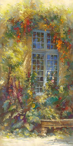 Johan Messely, Jeu de fleurs (Wunschgröße, Malerei, Nostalgie, Garten,  Natur, Mediterran, Fenster, Haus, Pflanzen, Blumen, Entspannung, Ruhe, Schatten,  Idylle, Sonnenlicht, Wohnzimmer, Wintergarten, bunt)