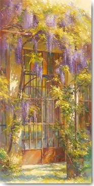 Johan Messely, La glycine (Wunschgröße, Malerei, Nostalgie, Garten,  Natur, Mediterran, Gewächshaus, Haus, Pflanzen, Glyzinien, Entspannung, Ruhe, Schatten, Idylle, Sonnenlicht, Wohnzimmer, Wintergarten, bunt)