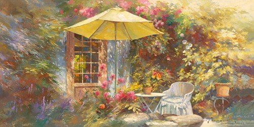 Johan Messely, La terrasse de Marie (Malerei, Nostalgie, Garten,  Natur, Mediterran, Terrasse, Haus, Pflanzen, Blumen, Sonnenschirm, Entspannung, Ruhe, Schatten, Idylle, Sonnenlicht, Wohnzimmer, Wintergarten, bunt)