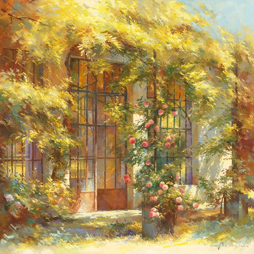 Johan Messely, Lorangerie (Wunschgröße, Malerei, Nostalgie, Garten,  Mediterran, Tor, Fenster, Haus, Pflanzen, Entspannung, Ruhe, Schatten,  Idylle, Sonnenlicht, Wohnzimmer, Wintergarten, bunt)