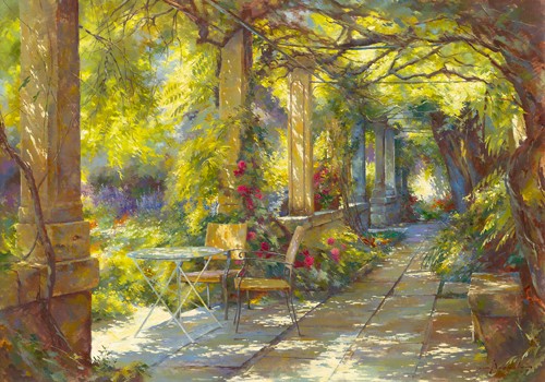 Johan Messely, Promenade provenale (Wunschgröße, Malerei, Nostalgie, Garten, Mediterran, Terrasse, Pergola, Haus, Pflanzen, Blumen, Entspannung, Ruhe, Schatten,  Idylle, Sonnenlicht, Wohnzimmer, Wintergarten, bunt)
