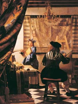Johannes Vermeer, Die Malkunst (Malerei, Klassiker, Interieur, Maler, Staffel, Atelier, Model, Genremalerei, Barock, Niederlande, goldenes Zeitalter, Wohnzimmer, bunt)