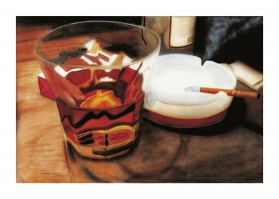 Johannsen Joe, Flames In Whiskey (Modern, Fotorealismus, Malerei, Glas, Drink, Aschenbecher, Zigarette)