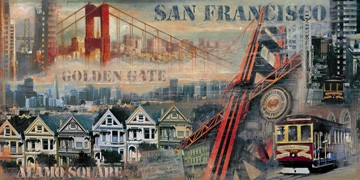 John Clarke, San Francisco (Modern, Malerei, Collage, Dekorativ, Amerika, USA, Städte, San Francisco, Architektur, Brücke, Golden Gate Bridge, Straßenbahn,  Wohnzimmer, Jugendzimmer, bunt)