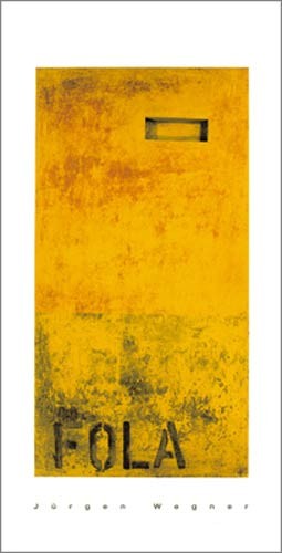 Jürgen Wegner, Fola, 1990 (Büttenpapier) (Abstrakt, Abstrakte Malerei, Farbfelder, Kontemplativ, Wort, Buchstaben, Schlitz, Meditation, Wohnzimmer, Büro, Business, gelb/schwarz)