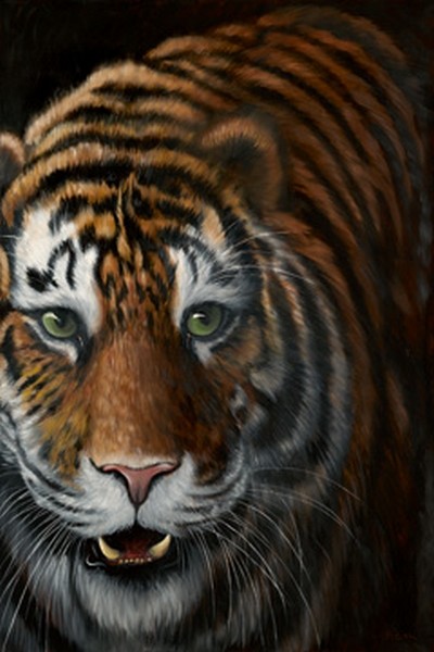 Jutta Plath, Tiger (Raubtier, Tiger, Raubkatze, Tierportrait, naturalisitisch, naturgetreu, Treppenhaus, Jugendzimmer, Wohnzimmer, Wunschgröße, bunt)