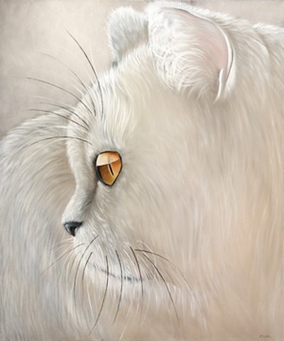 Jutta Plath, White Tiger (Katze, Tierportrait, weiße Katze, naturalisitisch, naturgetreu, Treppenhaus, Jugendzimmer, Wohnzimmer, Wunschgröße, weiß)