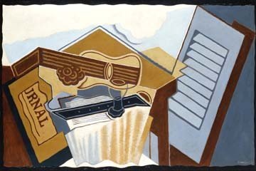 Juan Gris, Stillleben mit weißer Wolke (Stillleben, Geige, Musikinstrument, Fenster, Wolke,  Kubismus, Collage, Klassische Moderne, Malerei, Wohnzimmer, Wunschgröße, bunt)