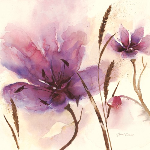 Jurgen Gottschlag, In Bloom 2 (Malerei, Aquarell, Moderne, Blumen, Blüten, Blütenstudie, Treppenhaus, Wintergarten, Wohnzimmer, rosa, violett / weiß)