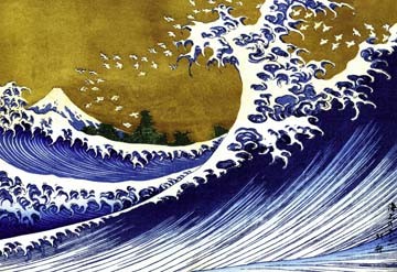 Katsushika Hokusai, Grosse Welle (Asiatische Kunst, Japan, Klassiker, Holzschnitt, farbiger Holzschnitt, Wasser, Meer, Welle, Tsunamie, Boote, Berg, Fuji, Badezimmer, Schlafzimmer, blau / weíß)