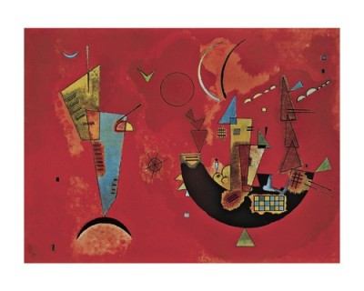 Wassily Kandinsky, Mit und Gegen (Klassische Moderne, Malerei, abstrakte Kunst, geometrische Formen, abstrakte Muster, Linien, Kreise, Dreiecke, Wellenlinien, Balken, Bögen, Wohnzimmer, Büro, Arztpraxis, rot)