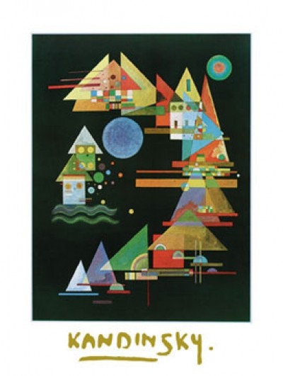 Wassily Kandinsky, Spitzen im Bogen, 1927 (Klassische Moderne, Malerei, abstrakte Kunst, geometrische Formen, abstrakte Muster, Linien, Kreise, Dreiecke, Wellenlinien, Balken, Bögen, Wohnzimmer, Büro, Arztpraxis, bunt)