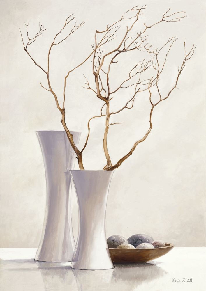 Karin V.D. Valk, Willow Twigs I (Malerei, modern, Stillleben, Blumenvase, verdorrte Zweige, vertrocknet, Obstteller, steril, kühl, Esszimmer, Wohnzimmer, weiß, beige)