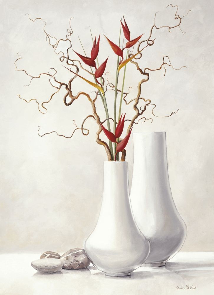 Karin V.D. Valk, Willow Twigs With Red Flowers (Malerei, modern, Stillleben, Blumenvase, Zweige, Korkenzieherweide, rote Blüten, Kiesel, Steine,  steril, kühl, Esszimmer, Wohnzimmer, weiß, rot)