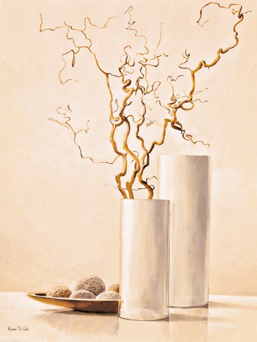 Karin van der Valk, Weidenzweige II (Wunschgröße, Malerei, Stillleben, weiße Blumenvase, trockener Ast, knorrig, Schale, Teller, modern, dekorativ, Schlafzimmer, Wohnzimmer, Treppenhaus, Esszimmer, bunt)