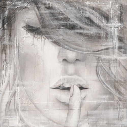 Karo Godles, Face I (junge Frau, Gesicht, Fingerzeichen, Lippen, erotisch, Verführung, Grafik, Wohnzimmer, Jugendzimmer, Wunschgröße,  schwarz/weiß)