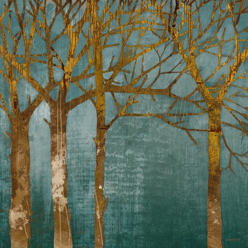 Kathrine Lovell, Golden Day Turquoise (Bäume, kahl, Silhouetten, See, Wasser, Spiegelungen, moderne Malerei, Wunschgröße, Wohnzimmer, Treppenhaus, gold/blau)