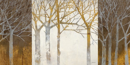 Kathrine Lovell, Night and Day (Bäume, kahl, Silhouetten, moderne Malerei, Wunschgröße, Wohnzimmer, Treppenhaus, grau/weiß, gold)